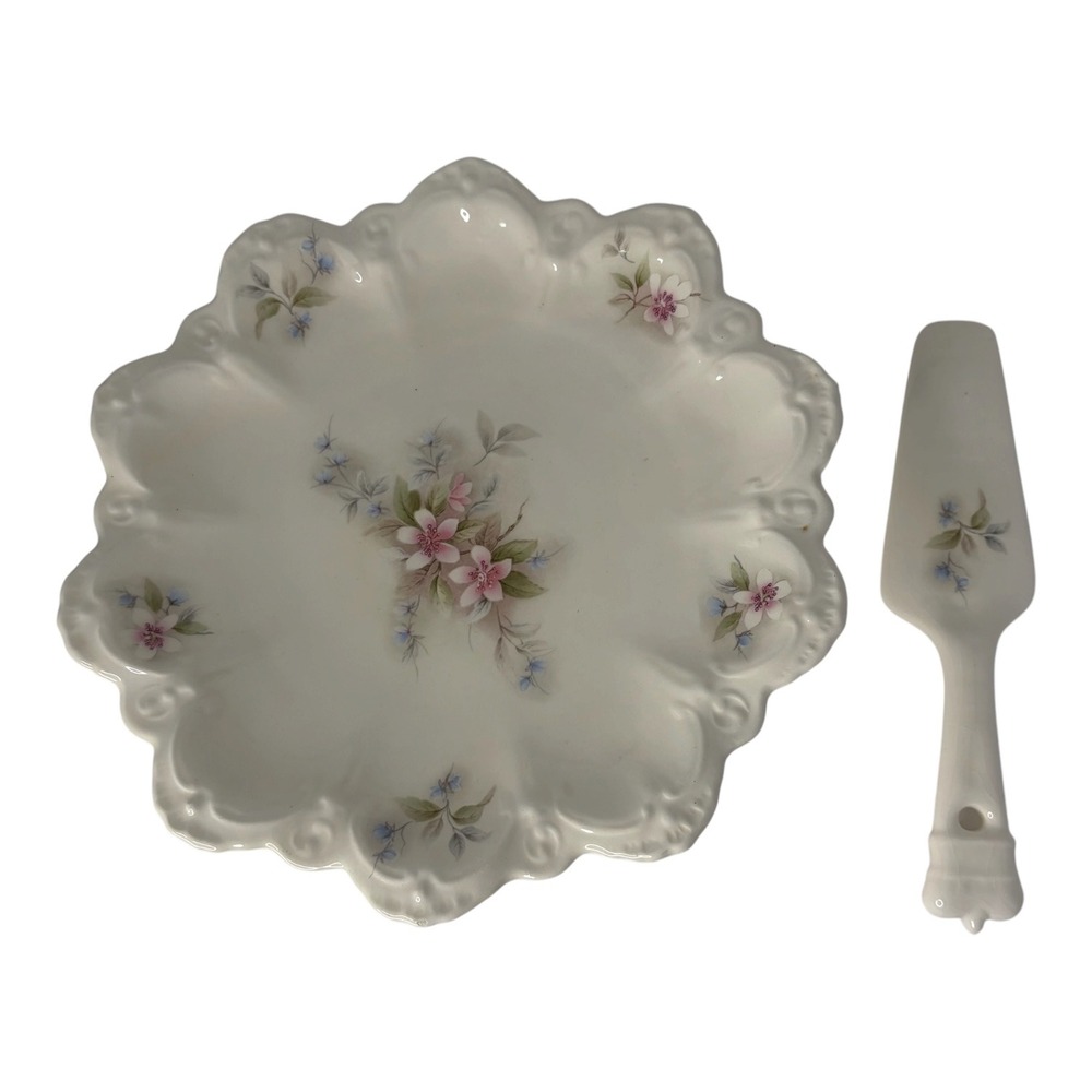 Vintage USA Pottery Cake Plate & Server Set‎ Pink Blue Floral Scalloped Edge